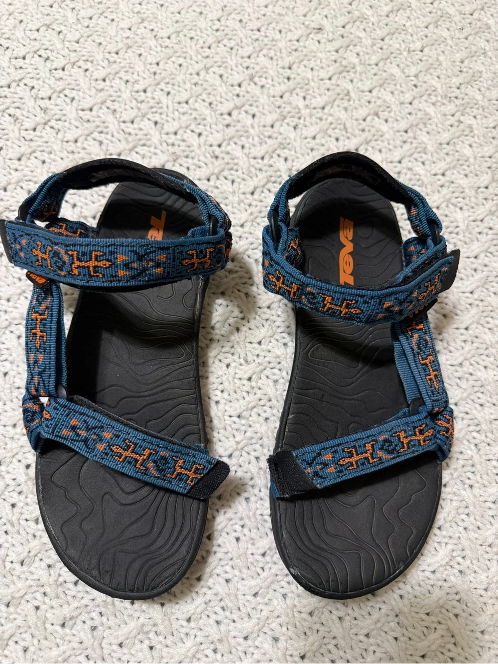 Teva Women’s 5 Blue Sandals with Orange Patterned Straps
